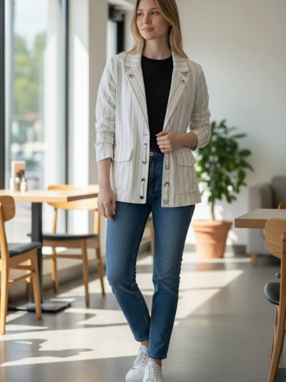 Chico's Womens Open Front Utility Blazer/Jacket Pinstripe Ivory Size 1 (8-10 US)